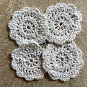 NWT Handmade Set of Four Crochet White Floral Coasters Eclectic Knit Boho Home